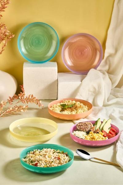 Lora Bianca Ip 21 cm Rainbow 6 Piece Glass Bowl - Pasta - Salad Bowl Set
