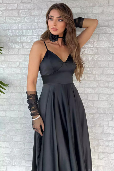 julude Black Adjustable Rope Strap Rose Figured Satin Evening Dress