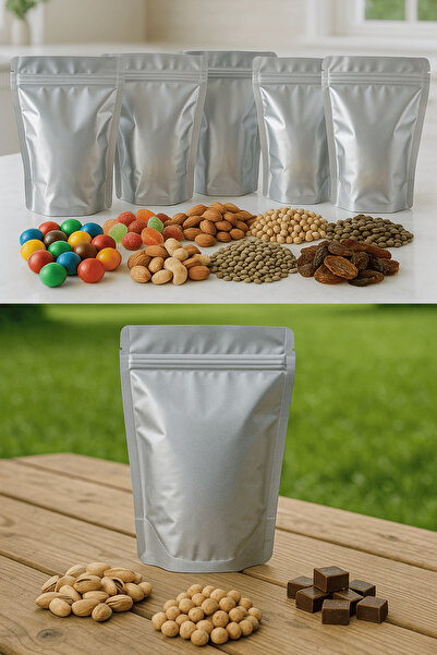 Plas+Plus Kilitli Alüminyum Doypack Kahve Kuruyemiş Kuru Meyve Baharat Saklama Torbası 8,5x14,5 cm 25Li