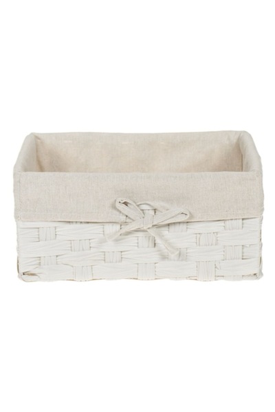 SHOPIENS Storage Basket with Metal Frame Shopiens®, White Woven with Fabric Lining and Bow, 28 x 20 x 13 cm