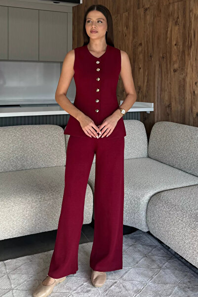 julude Burgundy Vest Pants Knitwear Two-Piece Set
