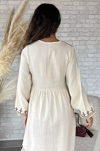 julude Stone Front Button Embroidered Dress