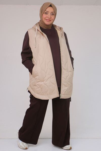 Eslina 44007 Plus Size Oval Cut Quilted Vest with Side Slits - Mink