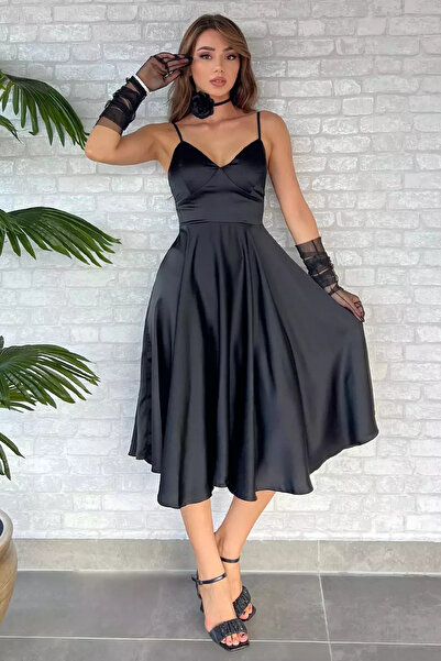 julude Black Adjustable Rope Strap Rose Figured Satin Evening Dress
