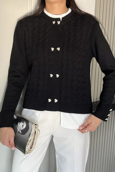 julude Black Knitted Jacket with Sleeves and Front Buttons (Available in S, M, L, XL)