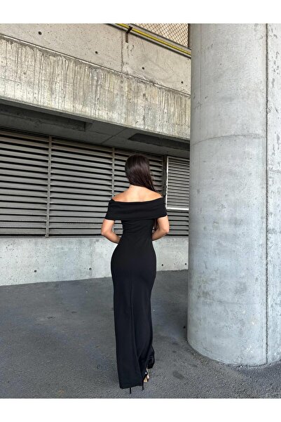 Modafeminen Esnek Krep Kumaş Fiyonk Yaka Ön Taş Detaylı Abiye Elbise Siyah 583322