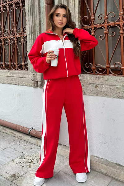 julude Red Three Thread Raised Color Garnished Palazzo Tracksuit Set