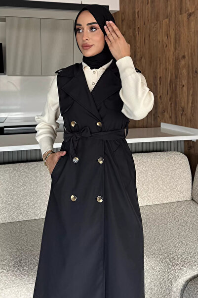 julude Black Double Breasted Collar Waist Belt Detailed Front Buttoned Hijab Trench Coat