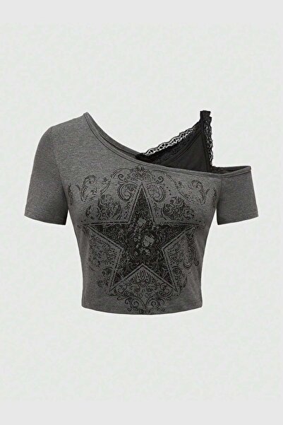 Pop Giyim Gothic Star Printed Short Sleeve Blouse with Additional Straps