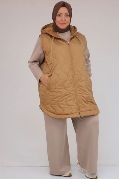 Eslina 44007 Plus Size Oval Cut Quilted Vest with Side Slits - Tan