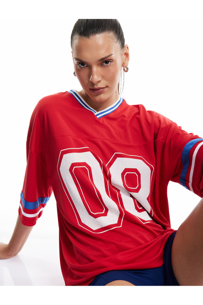 Koton Half Sleeve V-Neck Ribbed College Printed Sports T-Shirt