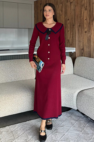 julude Burgundy Baby Collar Cardigan Look Blouse Skirt Knitwear Two-Piece Set