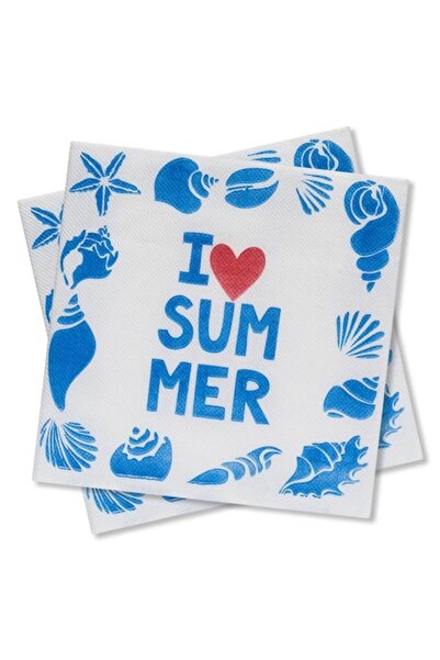 SHOPIENS Set 25 napkins Shopiens®, with two absorbent layers, shell blue pattern and I Love Summer print, 33