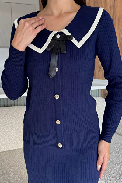 julude Navy Blue Baby Collar Cardigan Look Blouse Skirt Knitwear Two-Piece Set
