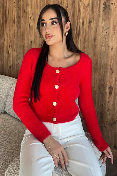 julude Red Embroidered Women's Crop Top Knit Cardigan (Available in Sizes S, M, L, XL)