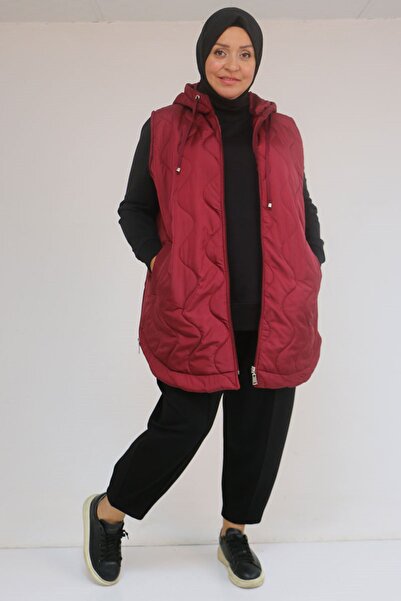 Eslina 44007 Plus Size Oval Cut Quilted Vest with Side Slits - Burgundy