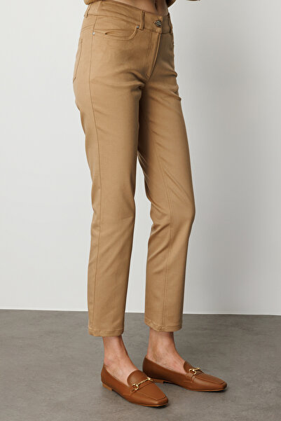 Ekol Women's High Waist Slim Leg Trousers 1061 Camel