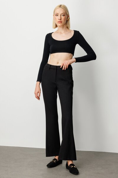 Ekol Women's Silvery Fabric Wide Leg Trousers 1045 Black