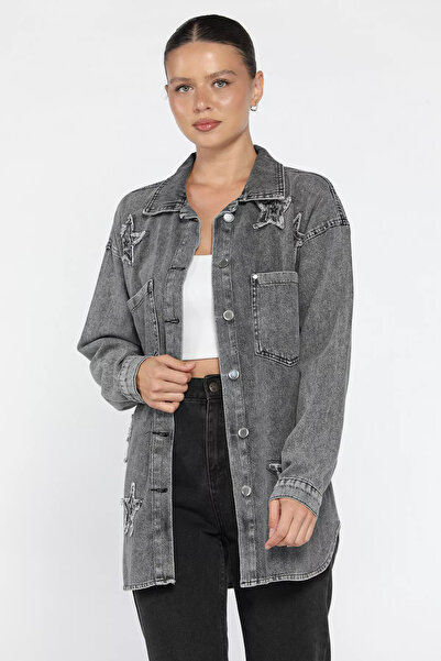 julude Anthracite Women's Star Figured Double Pocket Jean Denim Jacket