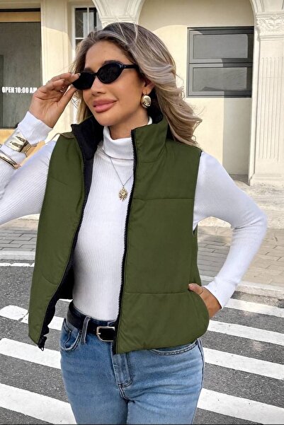 Varyete Γυναικείο γιλέκο με φερμουάρ διπλής όψης, αμάνικο, φουσκωτό, με τσέπες