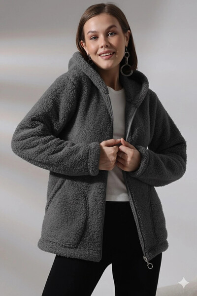 hazelin Women's Anthracite Welsoft Stretch Fabric Plush Soft Front Zipper Hooded Jacket Hzl23W-Dsb110081
