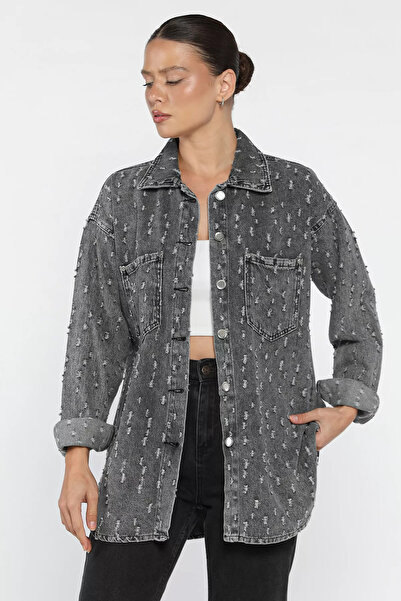 julude Anthracite Women's Laser Tassel Double Pocket Jean Denim Jacket