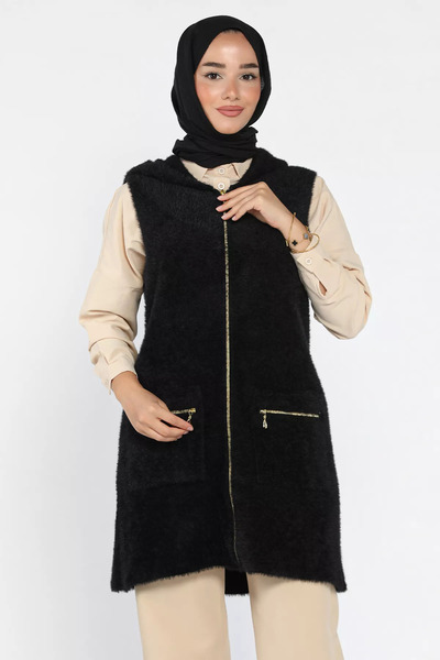 julude Black Sleeveless Zippered Soft Hijab Knitwear Vest (Available in Sizes S, M, L, XL)