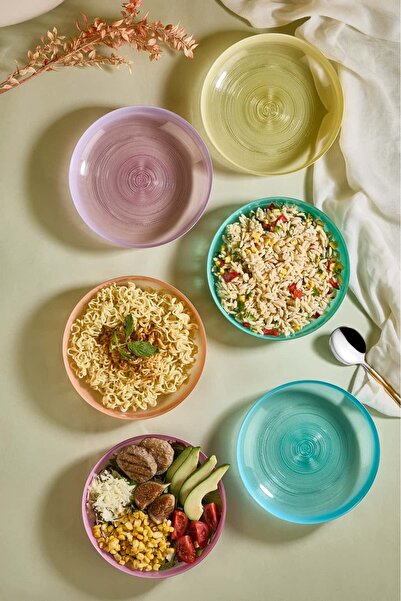 Lora Bianca Ip 21 cm Rainbow 6 Piece Glass Bowl - Pasta - Salad Bowl Set