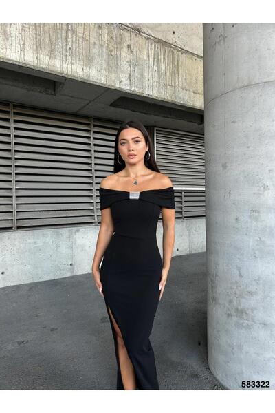 Modafeminen Flexible Crepe Fabric Bow Collar Front Stone Detailed Evening Dress Black 583322