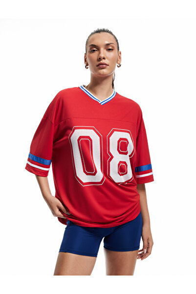 Koton Half Sleeve V-Neck Ribbed College Printed Sports T-Shirt