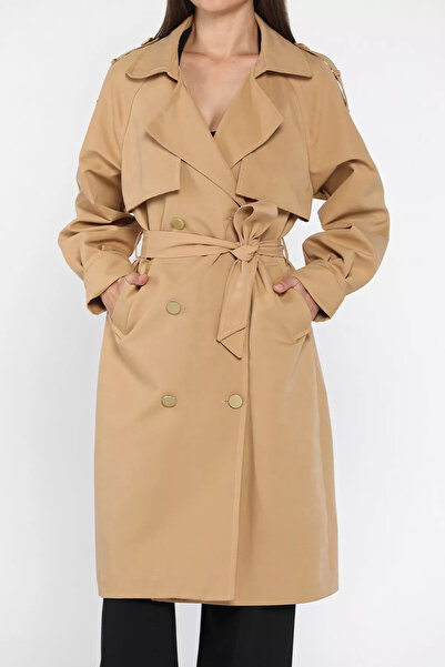 julude Camel Women's Lined Waist Belted Trench Coat