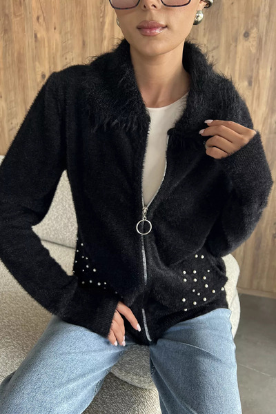 julude Black Pocket Beaded Embroidered Knitwear Jacket (Available in S, M, L, XL)