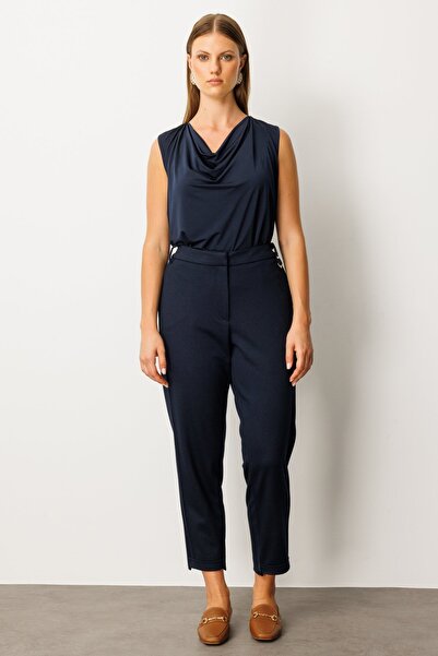 Ekol Women's Plus Size Elastic Waist Accessory Detailed Trousers 1043 Navy Blue