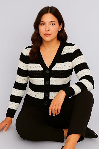 HİRA LİFE FASHİON Women's Buttoned Front and Double-Colored Striped Knitwear ...