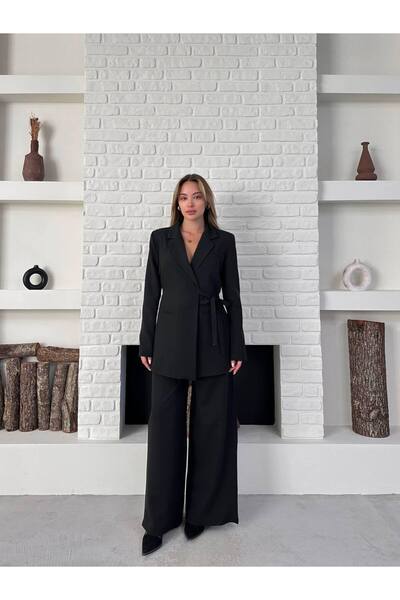 ParlaMira Women's Dabıl Fabric Tie-Up Blazer Jacket & High Waist Palazzo Pants Set