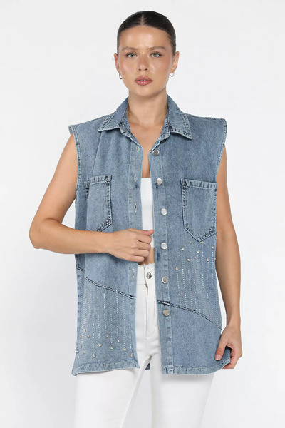 julude Ice Blue Women's Double Pocket Stone Embroidered Jean Denim Vest
