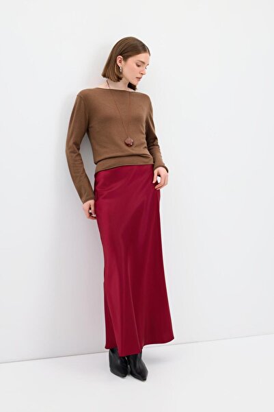 KADRİYE BAŞTÜRK Long Pencil Satin Skirt Burgundy