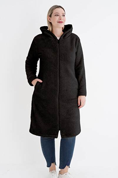 İntensive Black Women's Plus Size Long Sleeve Pocket Hooded Plush Long Cardigan