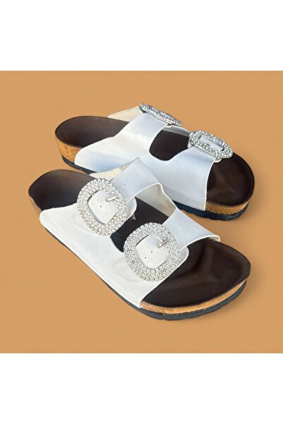 İpek Comfort Women's White Double Buckle Stone Cork Sole Slippers
