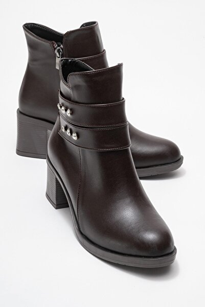 CCWAY AYAKKABI Kadın Çift Kemerli Taşlı Topuklu Bot KAHVE CİLT