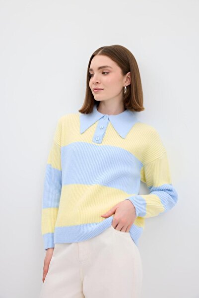 KADRİYE BAŞTÜRK Polo Neck Double Color Knitwear Sweater Light Blue