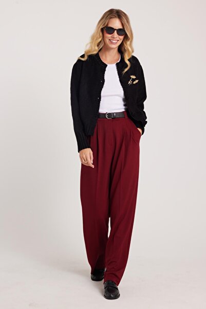 Tudors Kadın Regular Fit Klasik Kesim Yüksel Bel Geniş Paça Bordo Pantolon