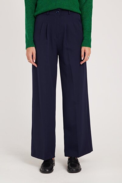 Tudors Women's Regular Fit Classic Cut High Waist Wide Leg Navy Blue Trousers