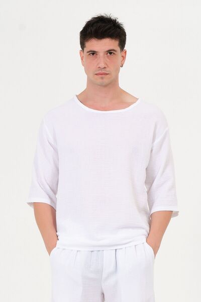RELAXL 100% Cotton Muslin Fakir Sleeve Oversize White T-Shirt Home Wear
