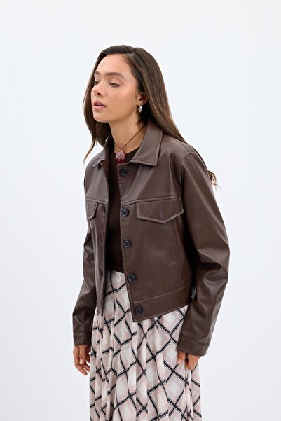 KADRİYE BAŞTÜRK Short Faux Leather Jacket Brown