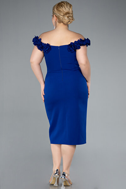 Abiyefon Saks Mavi Kayık Yaka Midi Büyük Beden Davet Elbisesi ABK2318