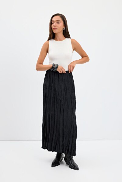 KADRİYE BAŞTÜRK Fusta lungă din piele intoarsa cu aspect ridat Negru