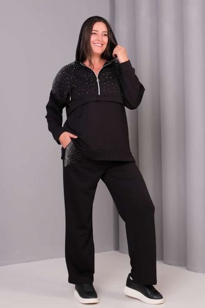 tarzımsüper Women's Plus Size Elastic Waist Stone Printed Pocketed Sports Casual Tracksuit Set