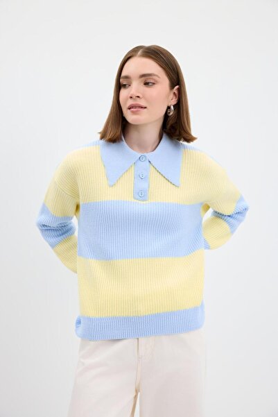 KADRİYE BAŞTÜRK Polo Neck Double Color Knitwear Sweater Light Blue