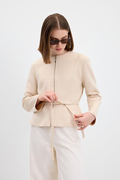KADRİYE BAŞTÜRK Zippered Crew Neck Short Suede Jacket Beige